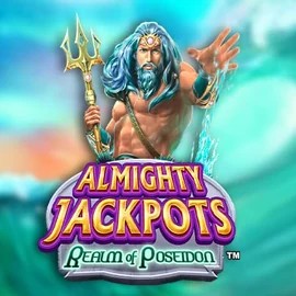 Almighty Jackpots – Realm of Poseidon online game logo by Novomatic on spillehallendk.com